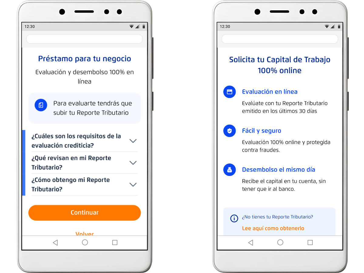 Diseño de variantes para prueba A/B en la pantalla de inicio del flujo de crédito, orientada a optimizar la conversión y navegación de usuarios.