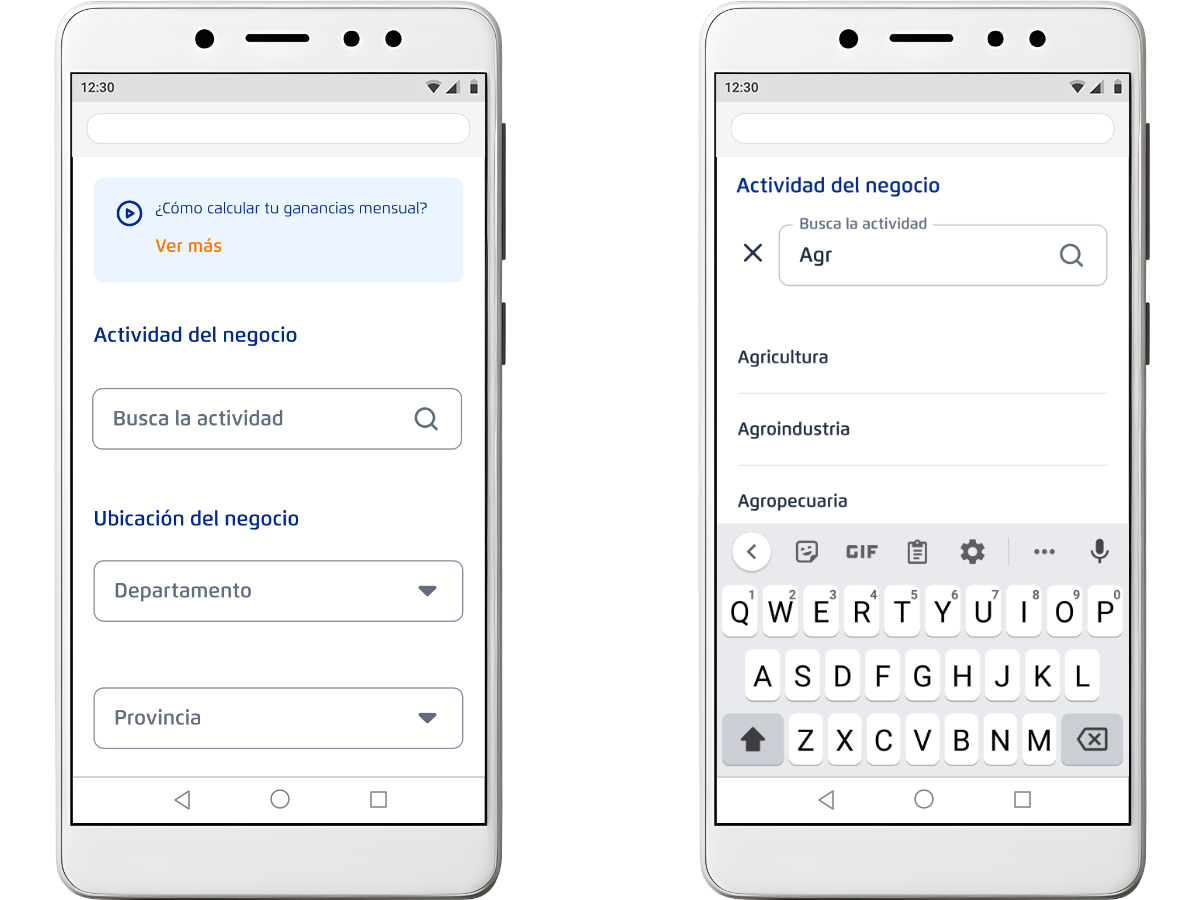 Rediseño de selección de rubro: buscador con autocompletado y mensaje informativo para reducir la incertidumbre del usuario PyME.
