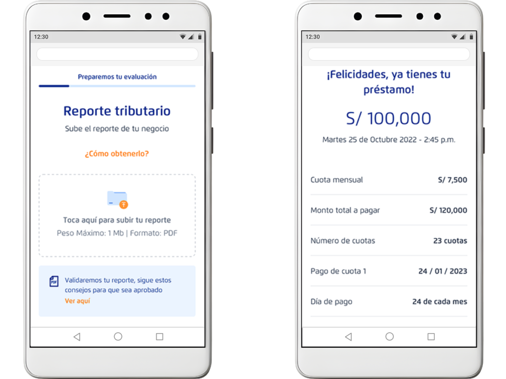 Mockups móviles del flujo de evaluación de crédito digital para PyMEs sobre fondo de empresario trabajando