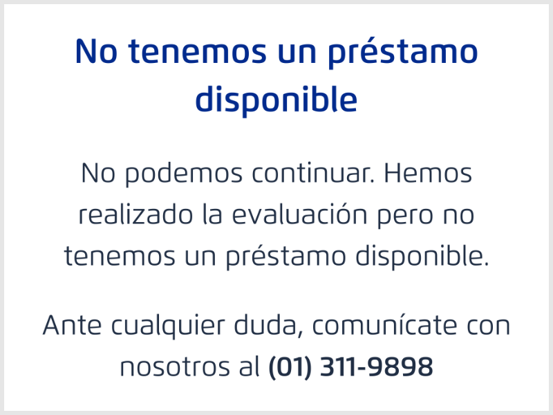 Interfaz de denegación de crédito PyME que evidencia la falta de motivos claros y la necesidad de feedback accionable para el usuario.