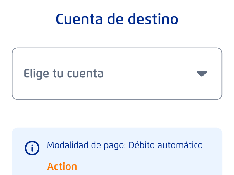Pantalla de elección de cuenta de destino para el crédito PyME con puntos de confusión en la selección de cuenta y configuración de débito automático.