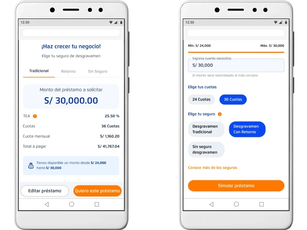 Mockups móviles de las mejoras para el desembolso del crédito digital para PyMEs sobre fondo de empresario trabajando