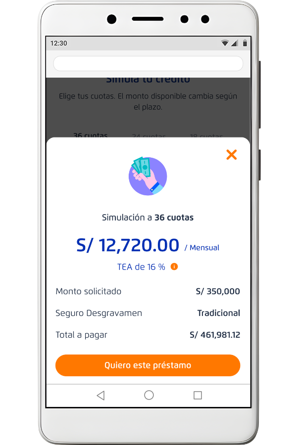 Pantalla del crédito con oferta sugerida