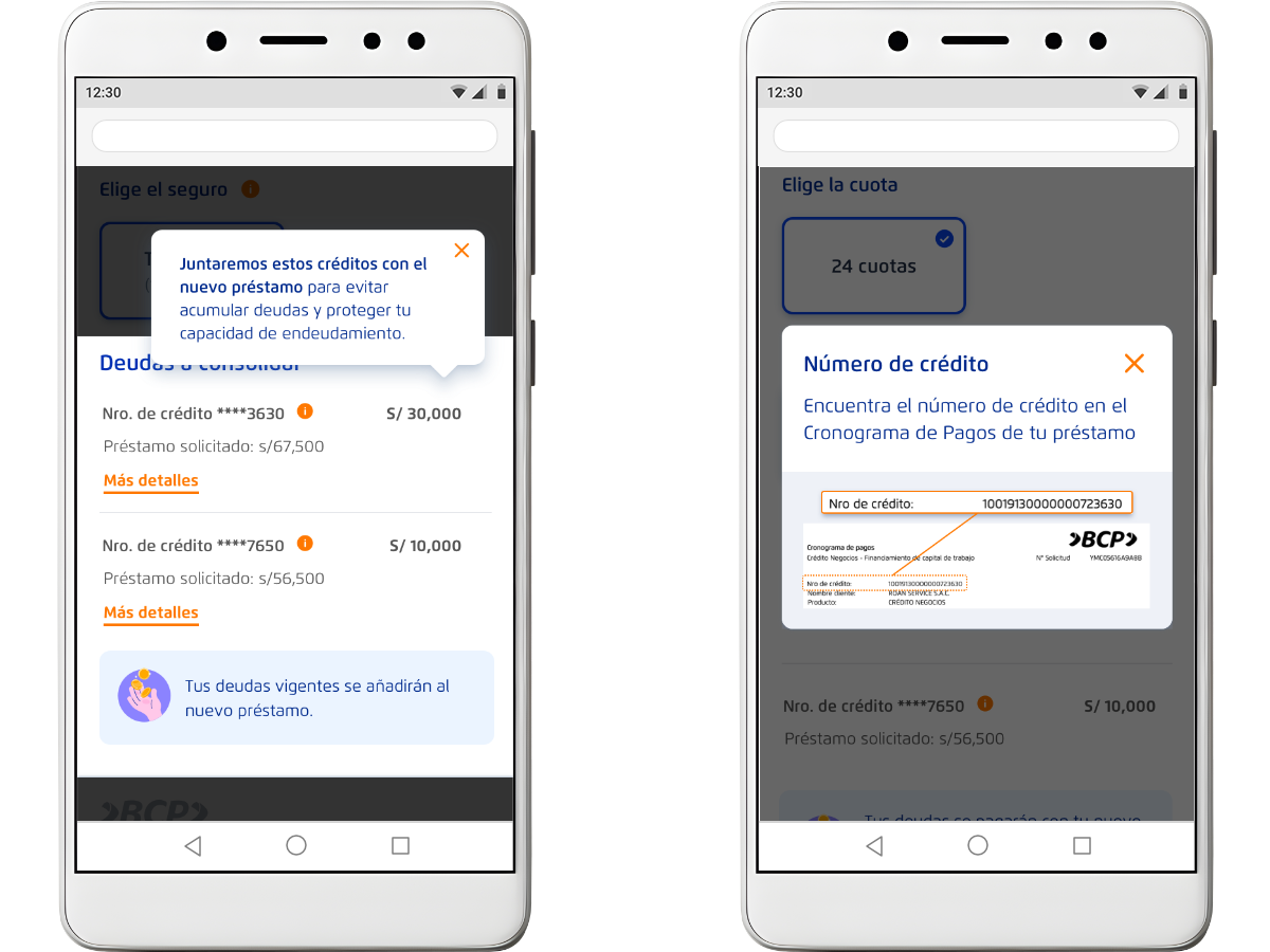 pantallas de la consolidación con mensajes tutoriales