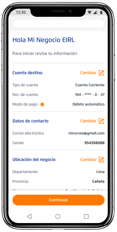 Primera pantalla del crédito con datos precargados