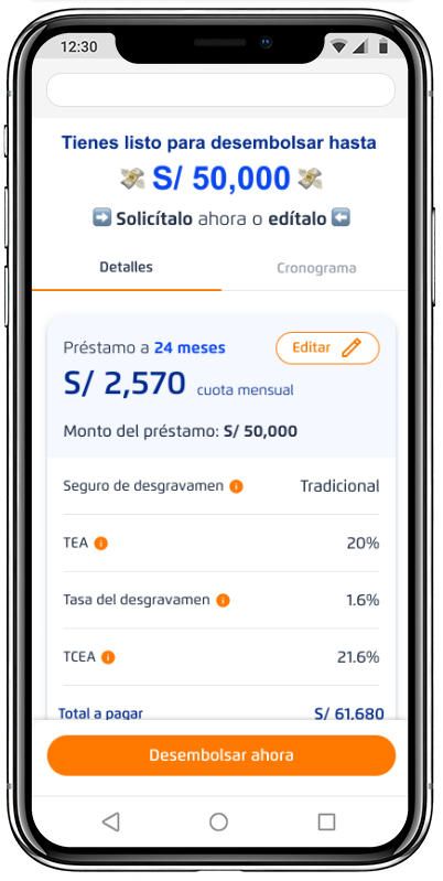 Pantalla que muestra el crédito recomendado