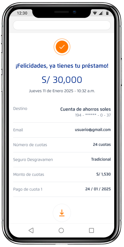 Pantalla final del desembolso de crédito